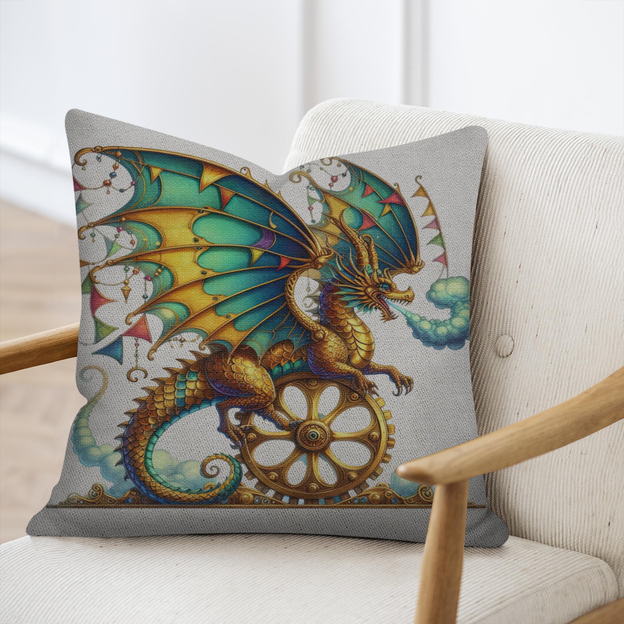 Clockwork Dragon Pillow | Steampunk Fantasy Throw Pillow 1 Clockwork dragon pillow | steampunk fantasy throw pillow