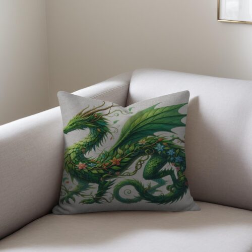 Spring Green Dragon Pillow - Botanical Fantasy Throw Pillow
