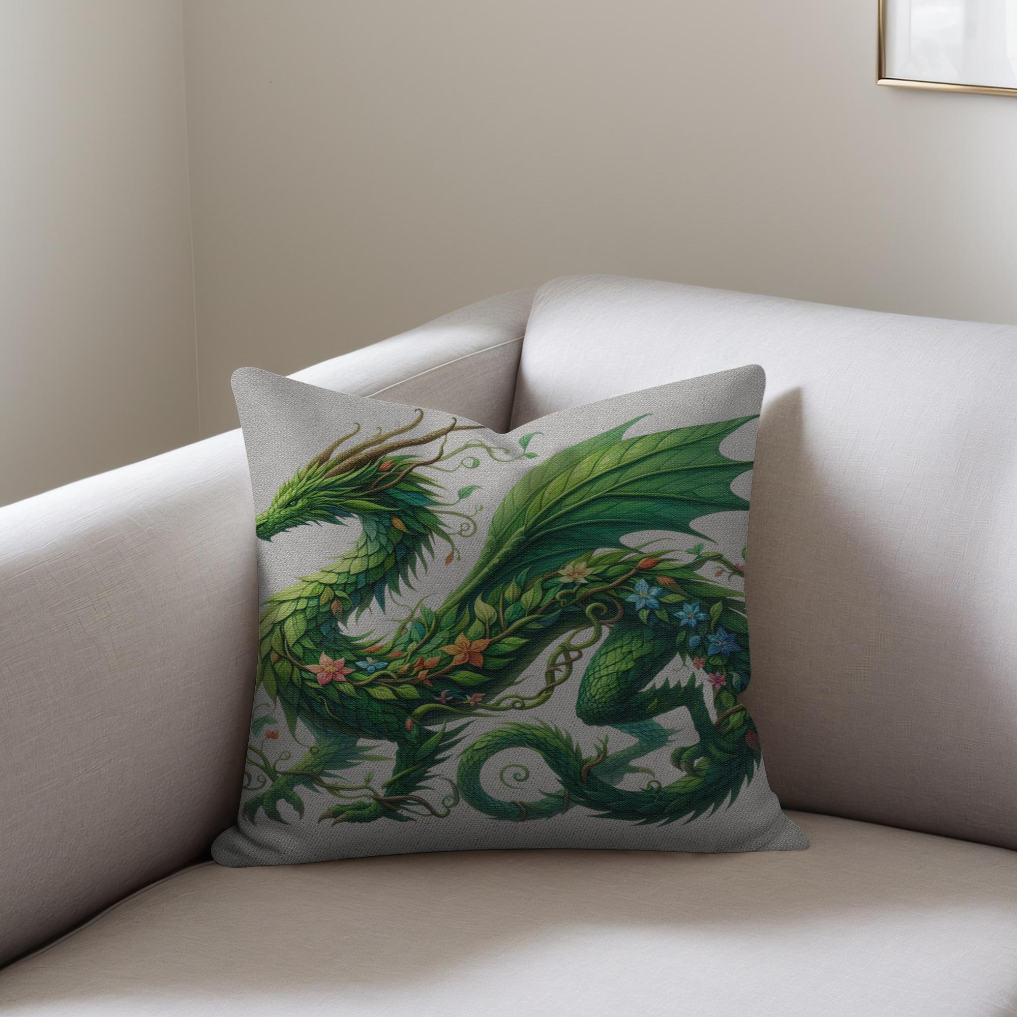 Spring Green Dragon Pillow - Botanical Fantasy Throw Pillow
