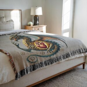 Cozy Clockwork Dragon Blanket With Mechanical Heart | Woven Cotton Throw