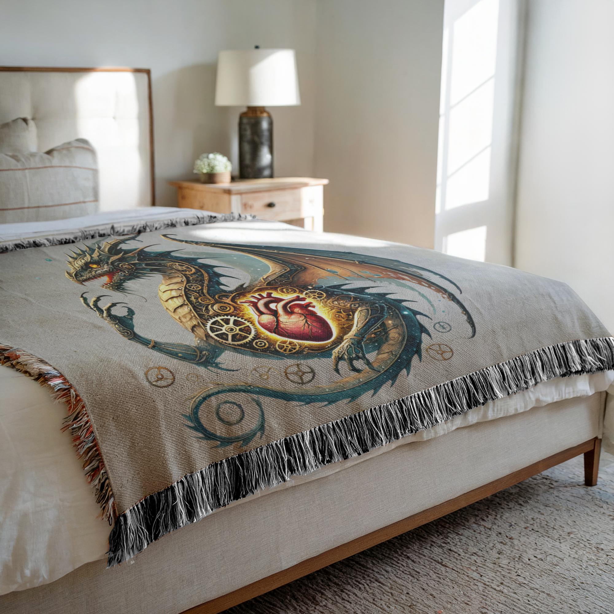 Cozy Clockwork Dragon Blanket With Mechanical Heart | Woven Cotton Throw