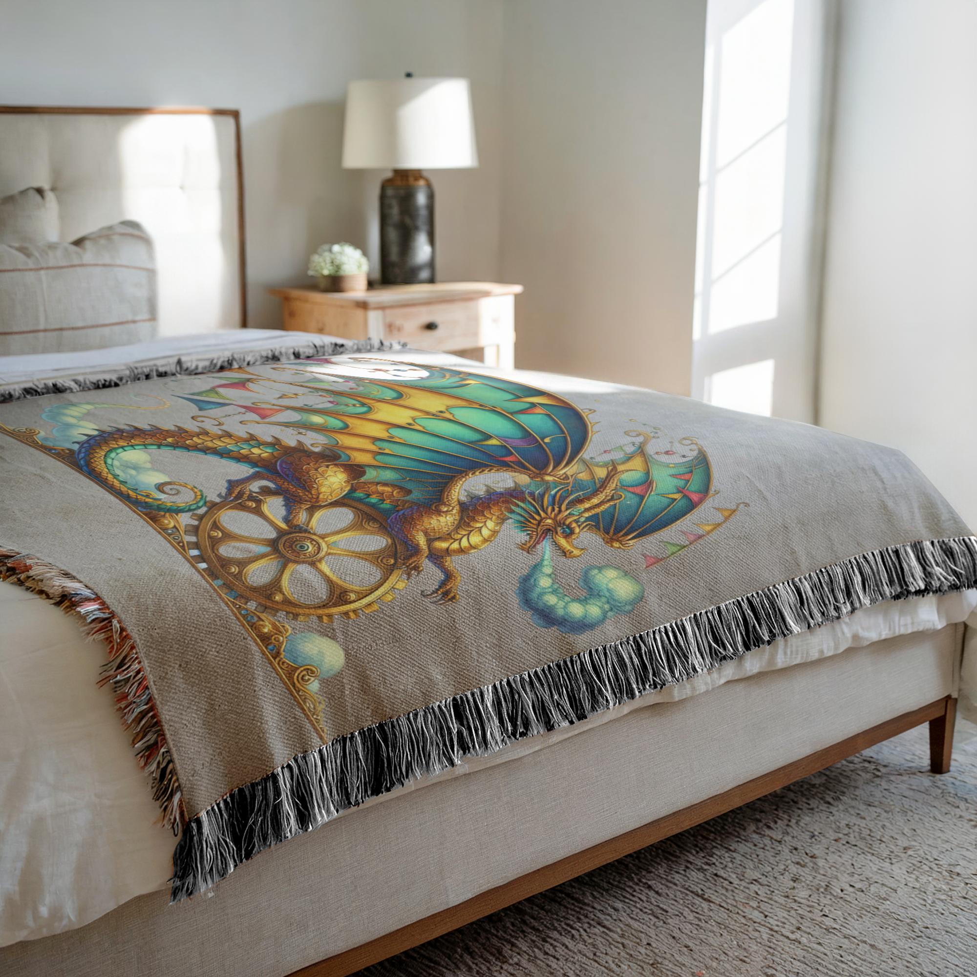 Clockwork Dragon Woven Blanket | Steampunk Cotton Tapestry