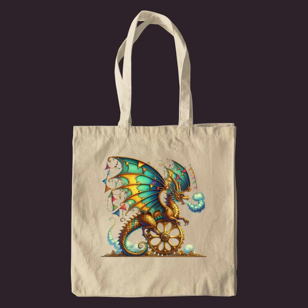Steampunk Fantasy Dragon Canvas Tote Bag - Mechanical Gear & Flag Banners 1 Steampunk Fantasy Dragon Canvas Tote Bag - Mechanical Gear & Flag Banners