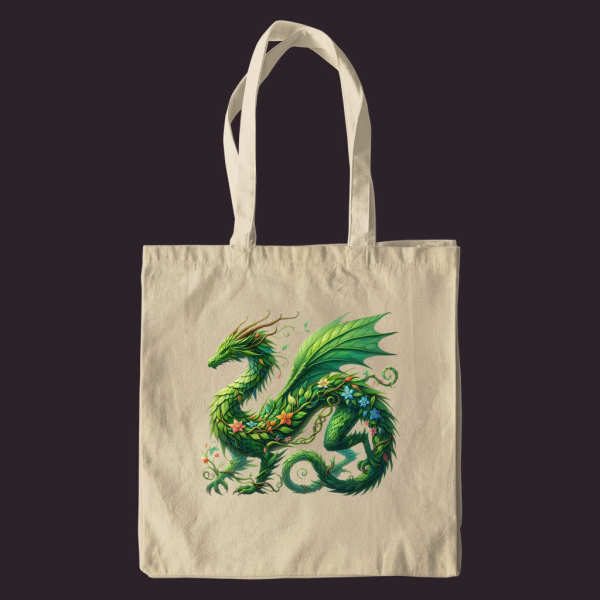 Spring Green Dragon Tote Bag - Botanical Fantasy Canvas Tote 1 Spring green dragon tote bag - botanical fantasy canvas tote