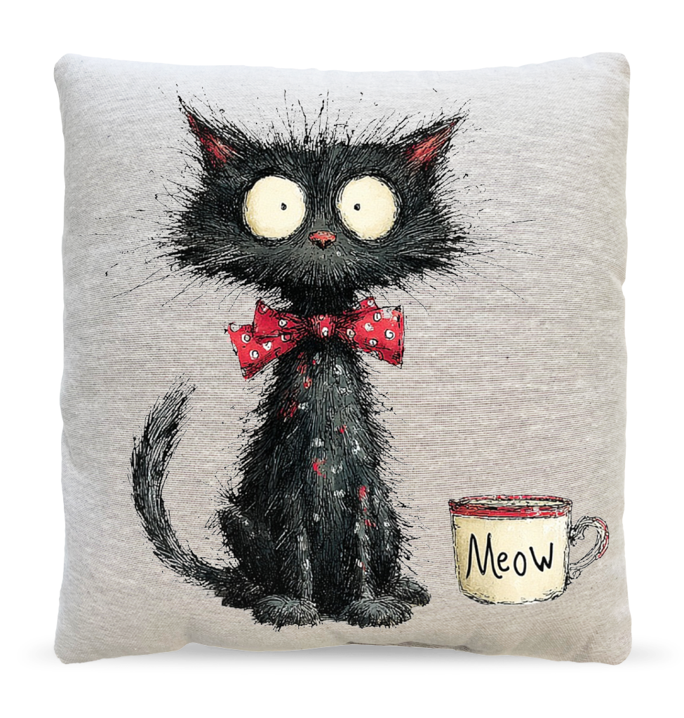 Wide Eyed Black Cat Bowtie Pillow