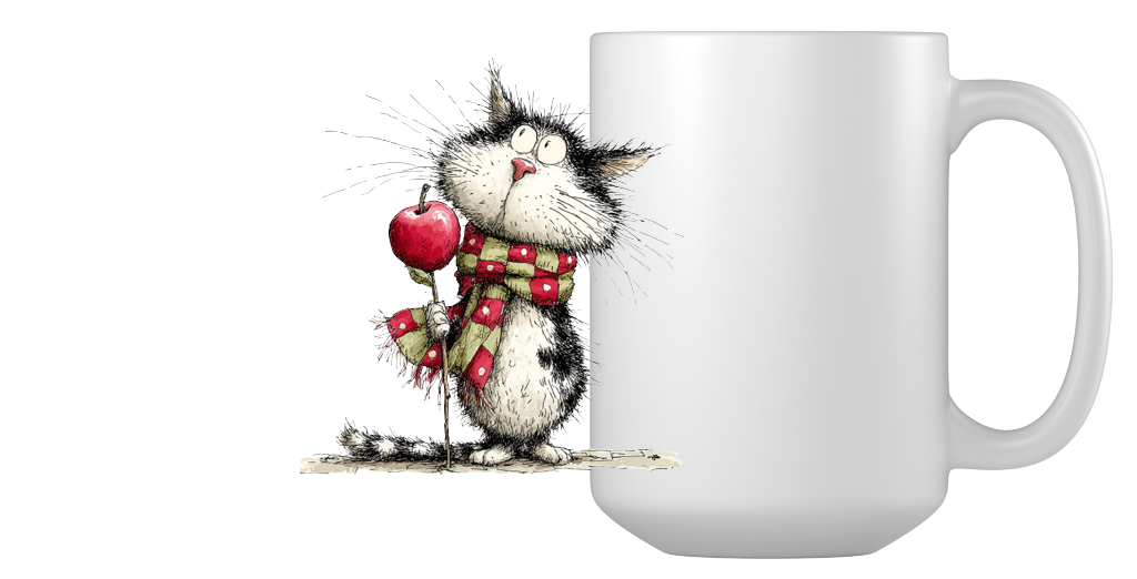 Cozy Cat With Apple Coffee Mug 2 Cozy cat with apple coffee mug