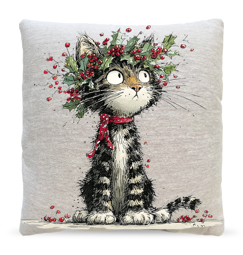 Holly Wreath Tabby Cat Pillow